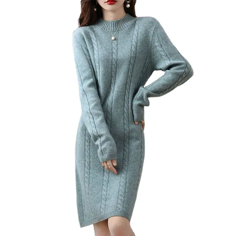 Yeni varış moda bayan kaplumbağa boyun slim fit kablo örgü artı boyutu kadın kazak elbise
