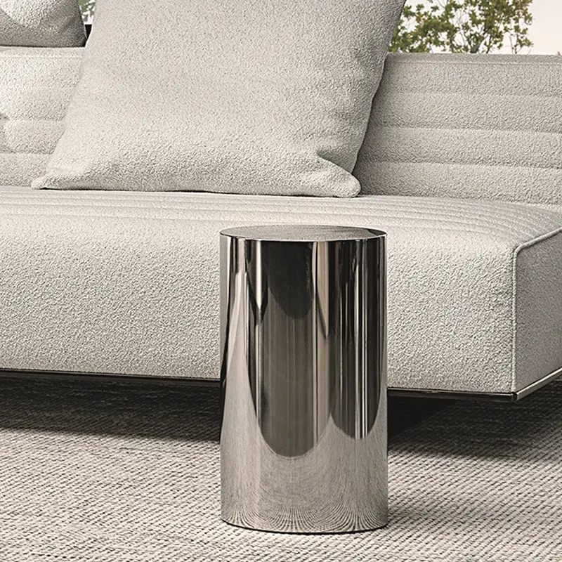 Mesa de centro de acero inoxidable para sala de estar, mesita de café de cilindro minimalista italiano, de lujo, redonda, acero inoxidable, moderna