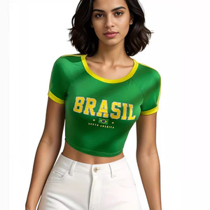 Yeni varış kadın brezilya mektup baskı grafik Tees yaz kısa kollu <span class=keywords><strong>V</strong></span> boyun mahsul t-shirt Tops
