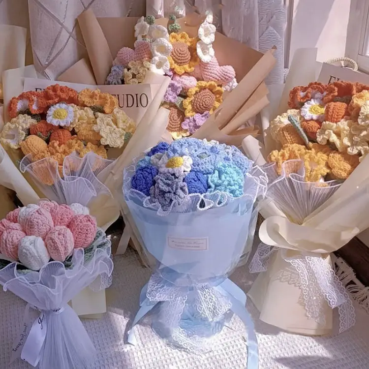 Buquê de rosas de haste decorativas para casamento, pacote de flores de crochê