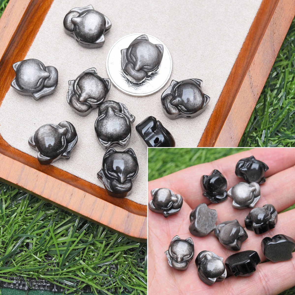 10 renards en obsidienne argentée