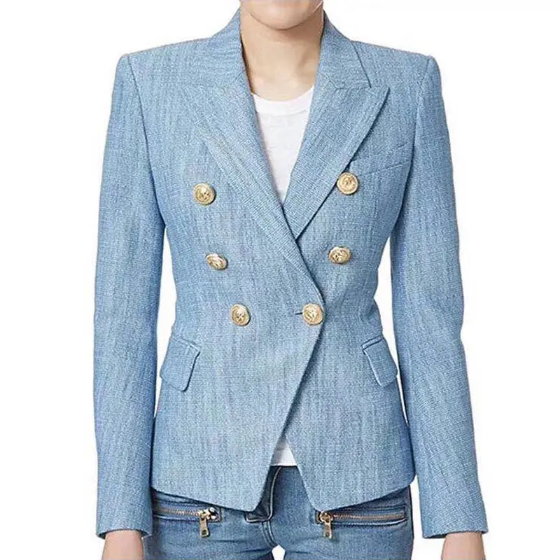 Custom or ready to ship hot sell wholesale summer fashion high quality double breasted denim ladies jeans jacket blazers