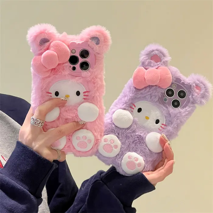 Fur Plush Toy Style Hand Warmer Phone Case for iPhone 15 14 13 12 11 Pro Max Lens Protection Cover for Girls Women