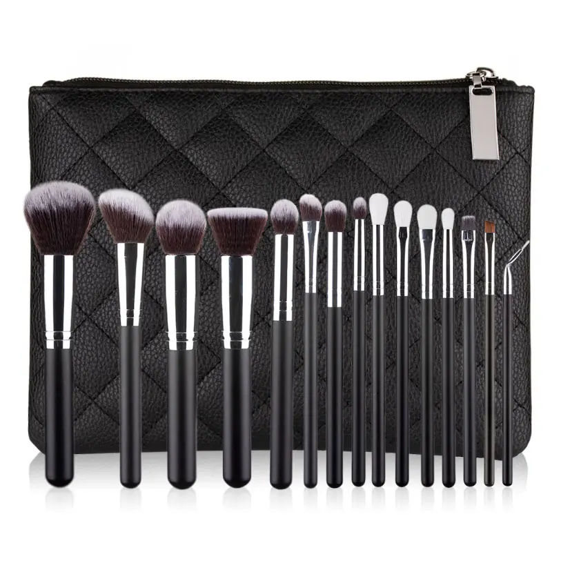 OEM da alta qualidade da fibra do cabelo sintético make up tubo de alumínio cabo de madeira pedaço de 15 maquiagem cosméticos escova brushes set