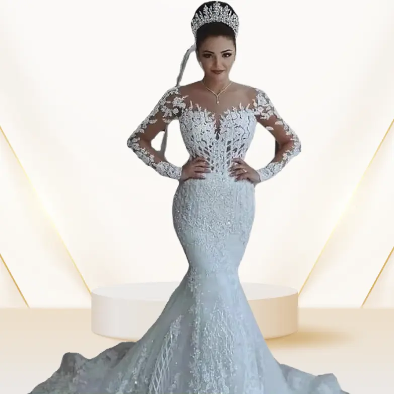 Factory Wholesale Custom Made Sexy Lace Mermaid Bridal Gown Long Sleeve Wedding Dress for Women