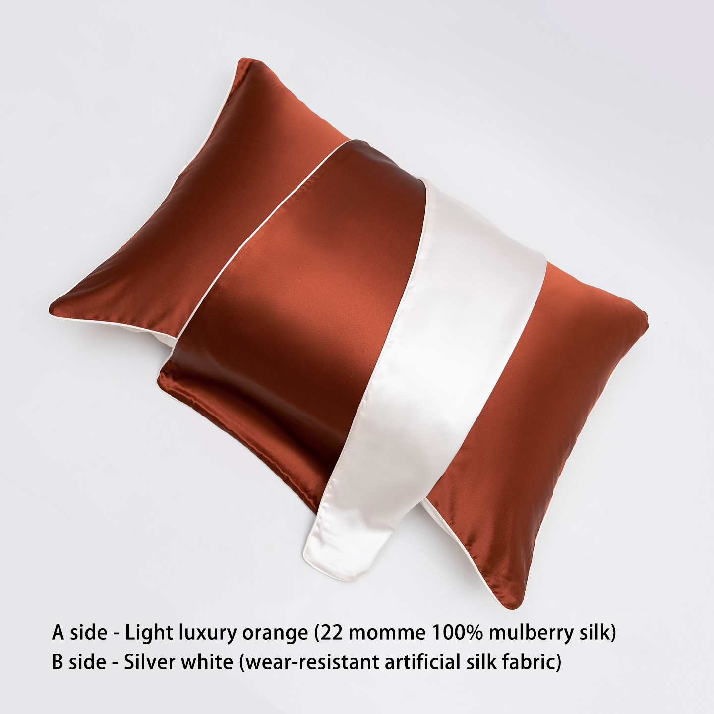 Taie d'oreiller de luxe en soie de mûrier 22 mommes, orange / blanc argenté