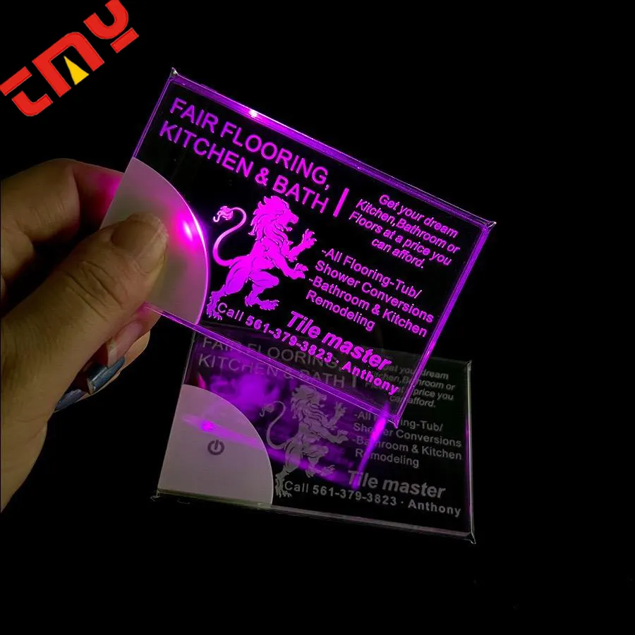 Bagliore acrilico personalizzato di lusso di alta qualità biglietto di ringraziamento stampa Laser Logo unico biglietto da visita a LED illuminato