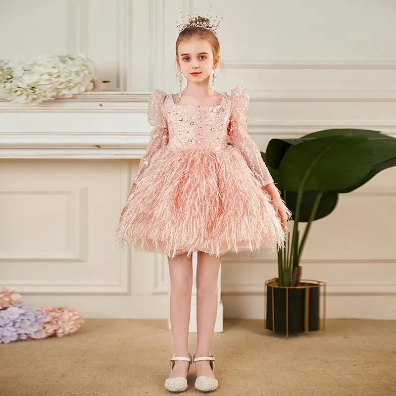 2024 Newest Lace Long Sleeve Ball Gown Baby Girls Elegant Puffy Dresses Princess Birthday Wedding Party Evening Dresses