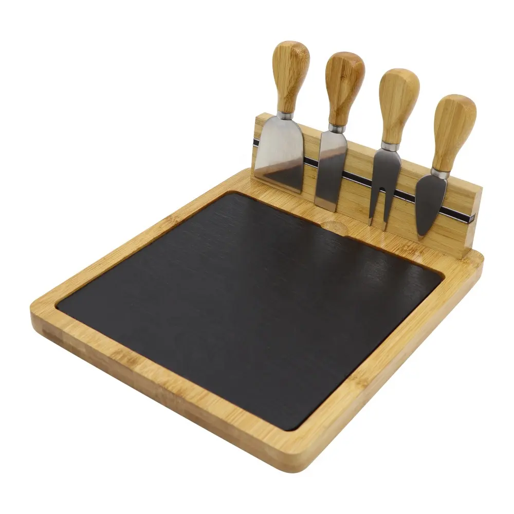 Wholesale natural black slate and bamboo cheese board and knife set for wine