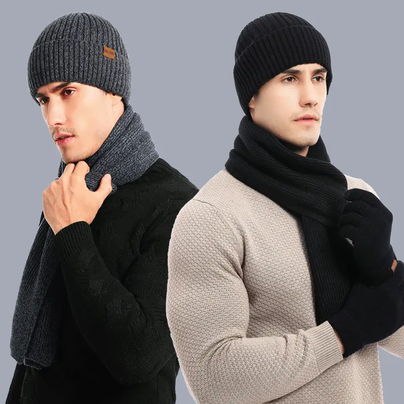 High quality men winter keep warm suit knitted thicken beanie hat scarf touch screen gloves sets