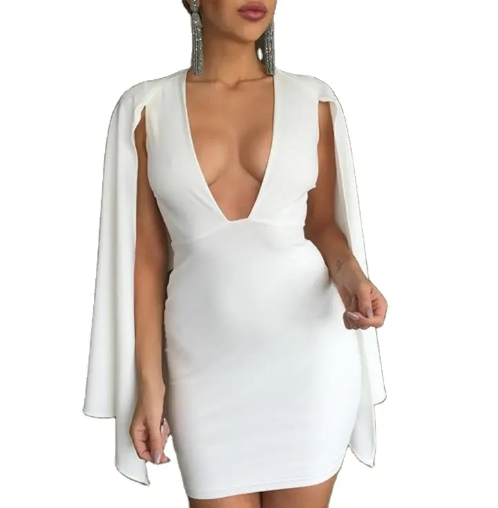 2022 Summer Women Cloak Cape Bodycon Dress Sexy White Long Sleeve V Neck Backless Club Party OL Work Mini Dress