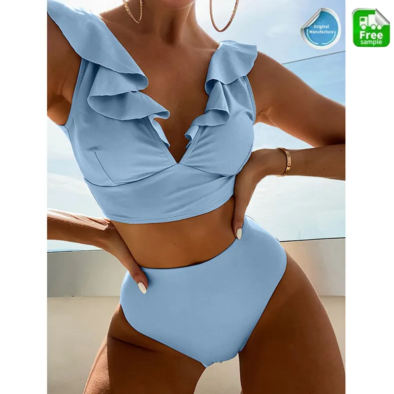 Bikini Xếp Nếp 2022 Đồ Bơi Cạp Cao Cho Nữ Bộ Bikini Nâng Ngực Bộ Đồ Tắm Mặc Đi Biển Mùa Hè Đồ Bơi Màu Trơn Cho Nữ