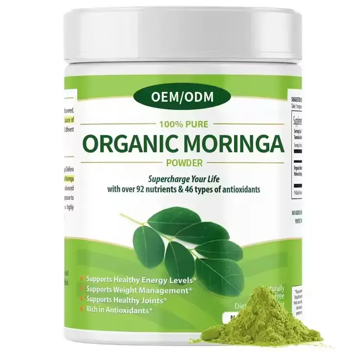Polvo de hoja de Moringa orgánico puro de etiqueta privada OEM, polvo de Moringa inflamatorio saludable, compatible con la salud de la próstata y las articulaciones