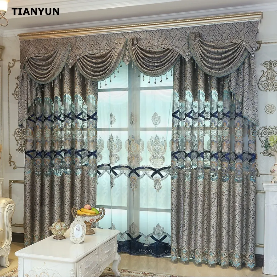 European Style Luxury Embroidery Window Curtains With Attached Valance For Living Room
