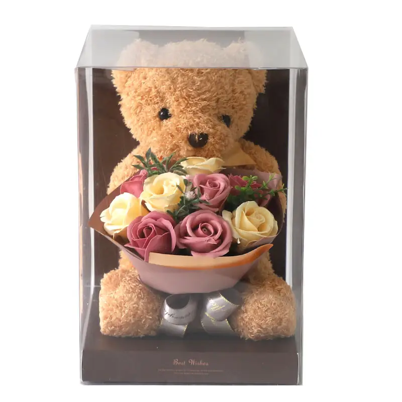 Bonito sabonete com rosas de flores, buquê com urso em pvc, caixa de presente para o aniversário do namorado