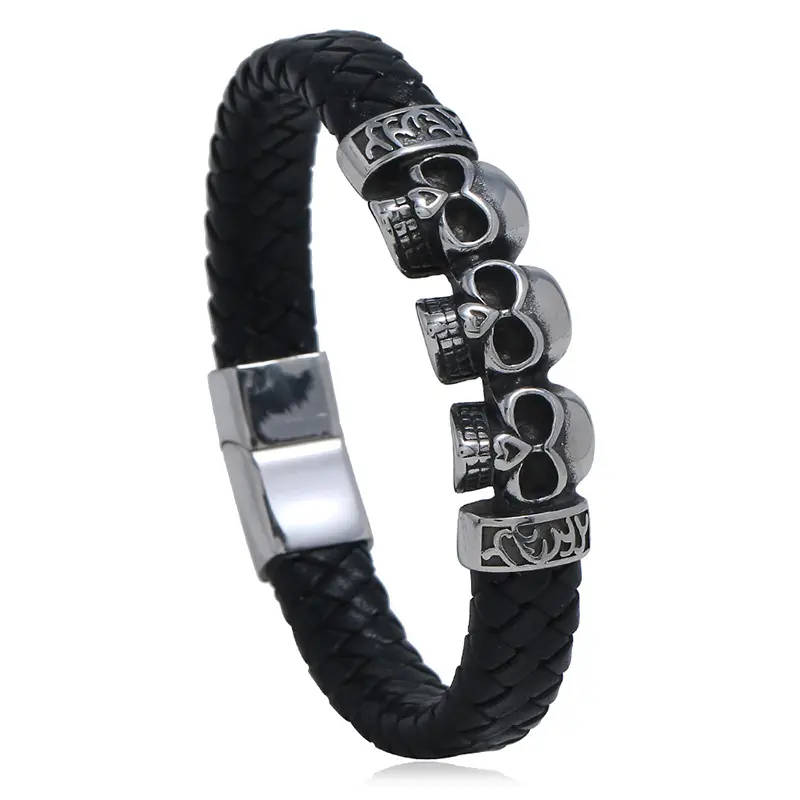Stocks Selling Men's Leather Jewelry Wholesale Price Skull Bracelet In Three Colors Accept Small Order Magnetic Clasp Bracelet
