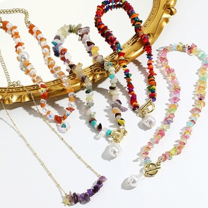 New Colorful Natural Stones Beaded Gravel Pearl Charms Necklace Collarbone <strong>Chains</strong>