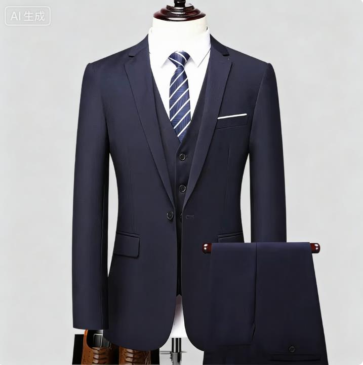 Ensemble veste, gilet et pantalon bleu marine à un bouton.