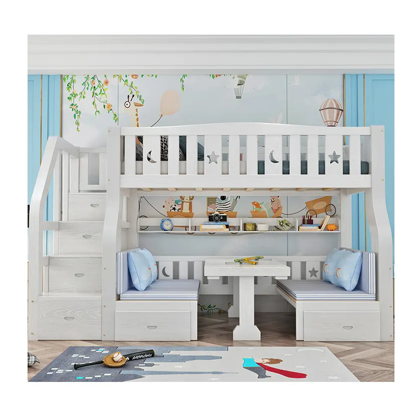 Двухъярусная детская кровать со столом, деревянная двухъярусная кровать, детская двухъярусная кровать с горкой
