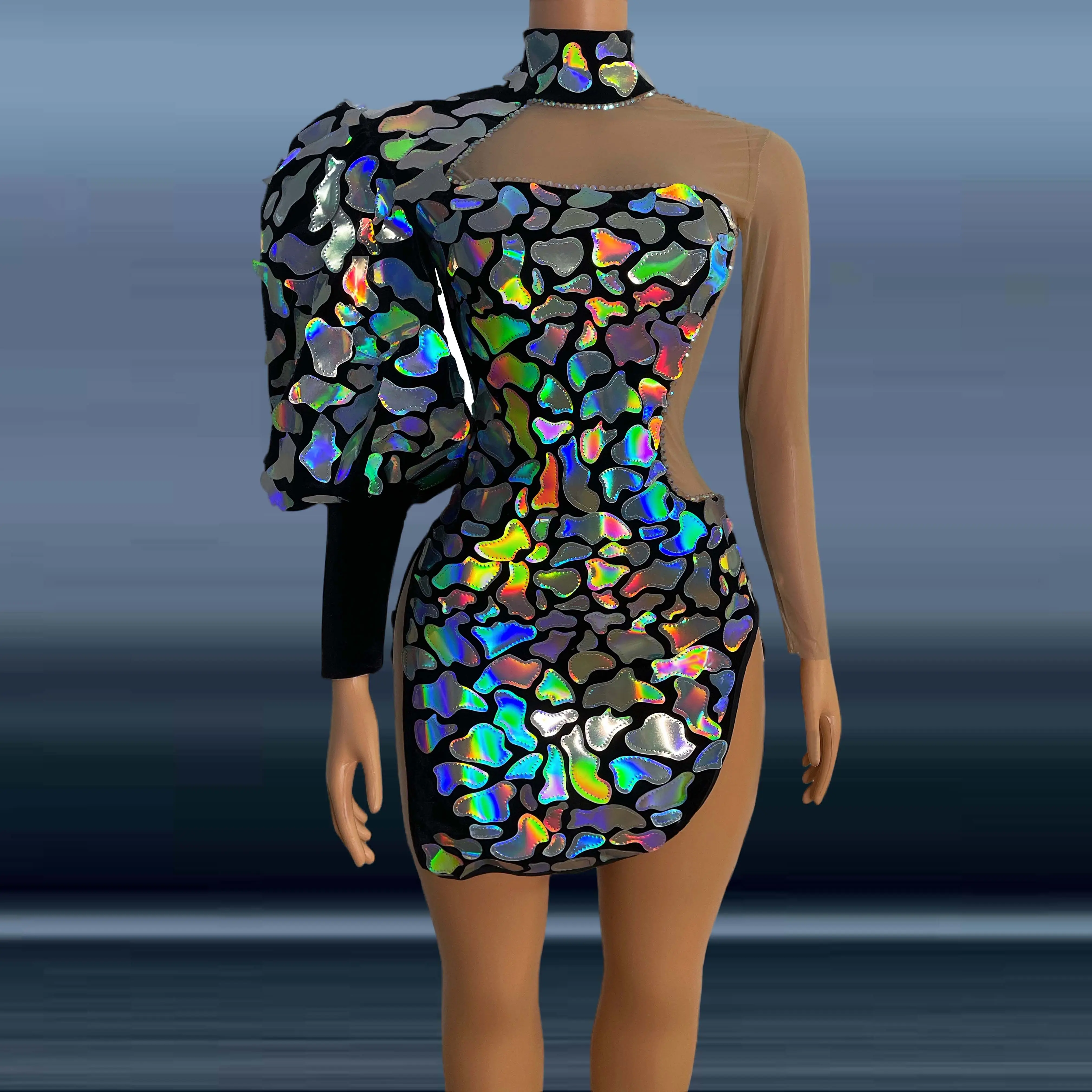 Nuovi disegni di abiti 2021 abito da ballo aderente a maniche lunghe in maglia aderente con paillettes colorate scintillanti abito da donna Sexy costumi corti