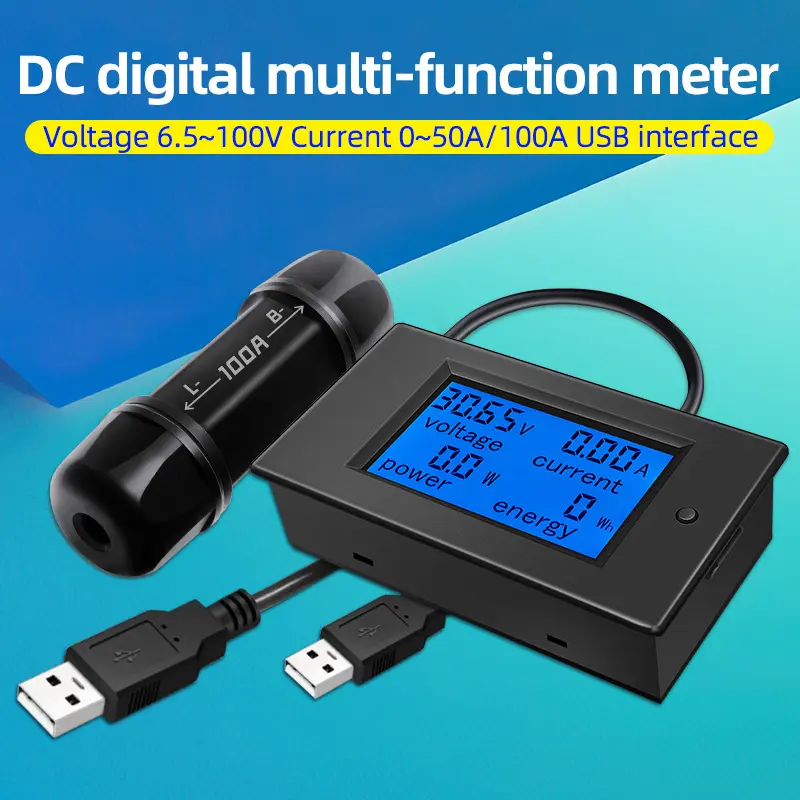 LCD 디스플레이 DC 전력 에너지 측정기 50A 0.5m USB 디지털 전압계 전류계 앰프 전압 전류 감지기 테스터 전압 전류계