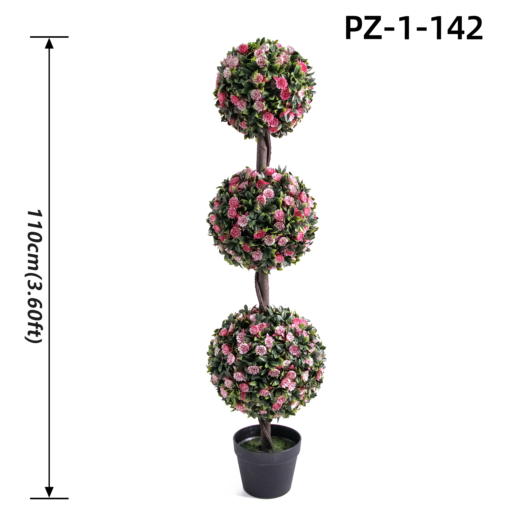 Arbre topiaire artificiel à triple boule de roses (110 cm/3,60 pieds)