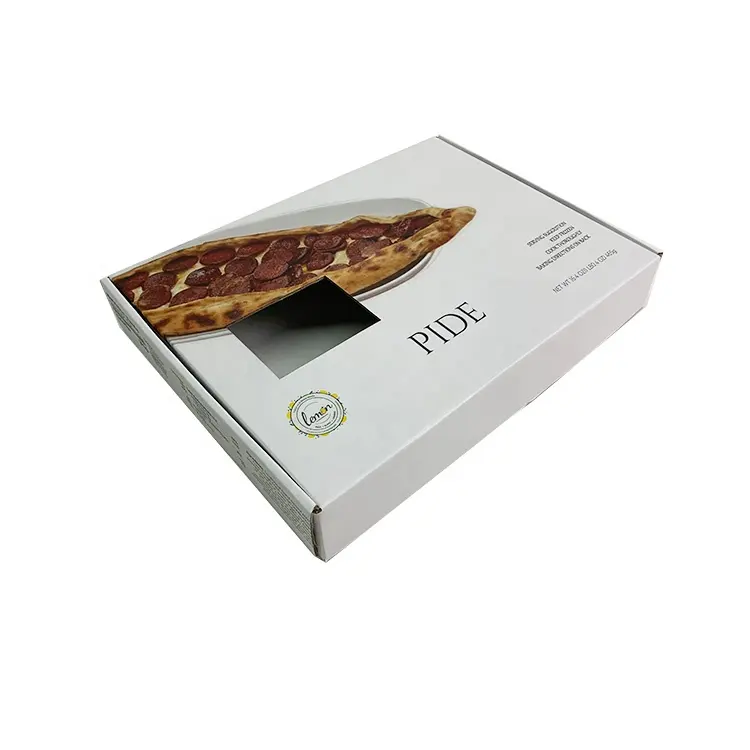 Özel gıda sınıfı pvc plastik pencere pizza ambalaj beyaz oluklu kağit kutu