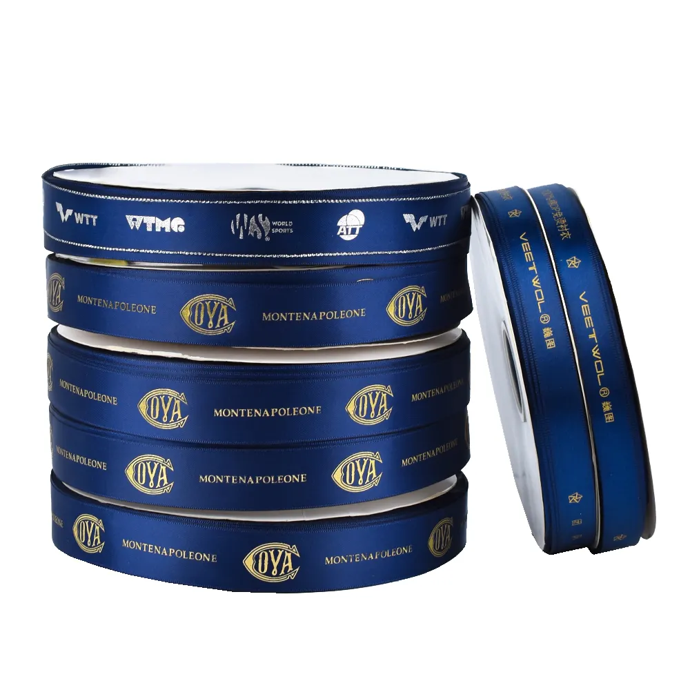 Impresión de logotipo personalizado azul Satén Oro Estampado en caliente Grosgrain Cinta de cinta de satén impresa personalizada