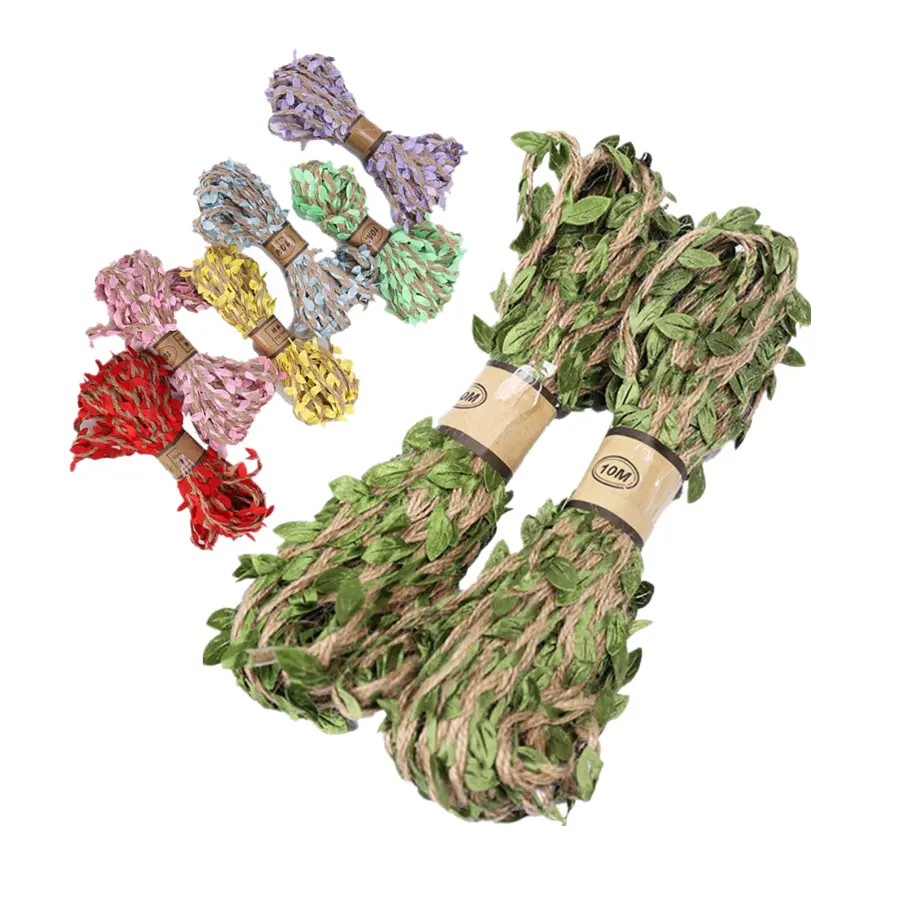 Paquete de cuerda de lino para decoración de boda, cuerda de cáñamo con hoja simulada verde, cuerda de yute colorida con hoja