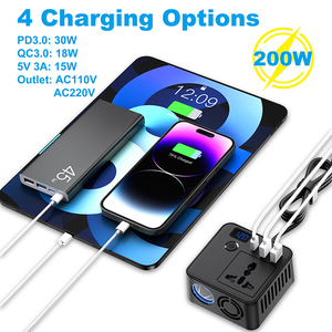 200瓦汽车交流电源逆变器Dc 12v至220V车载转换器usb-c Pd Usb Qc3.0快速充电端口汽车充电器适配器 - Product Image 3