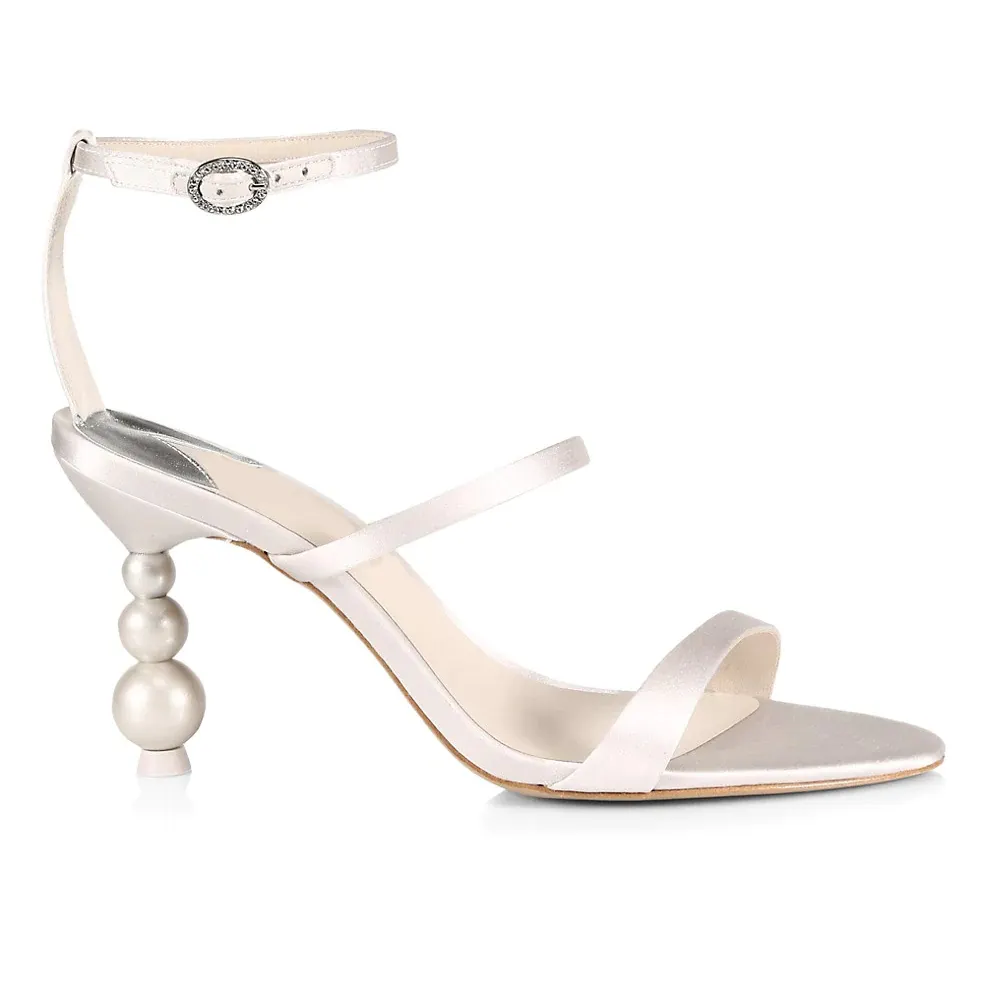 Sandalias de satén con punta abierta para mujer, calzado con forma de perla