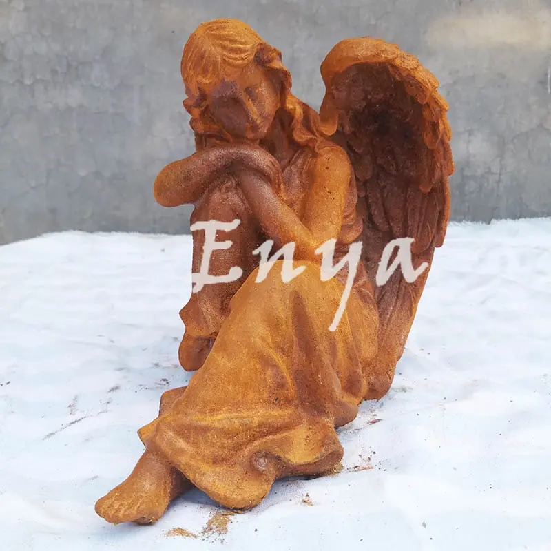 Fundición de hierro rústico para exteriores, césped, adornos de jardín de hadas, estatua de Metal para decoración del hogar, adornos de Ángel de gran tamaño real, estatua de escultura