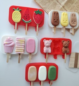 3 lỗ kem Silicone khuôn thực phẩm lớp BPA miễn phí nhiều hình dạng bền DIY Popsicle Lolly Kem khuôn + nắp + Gậy - Product Image 3