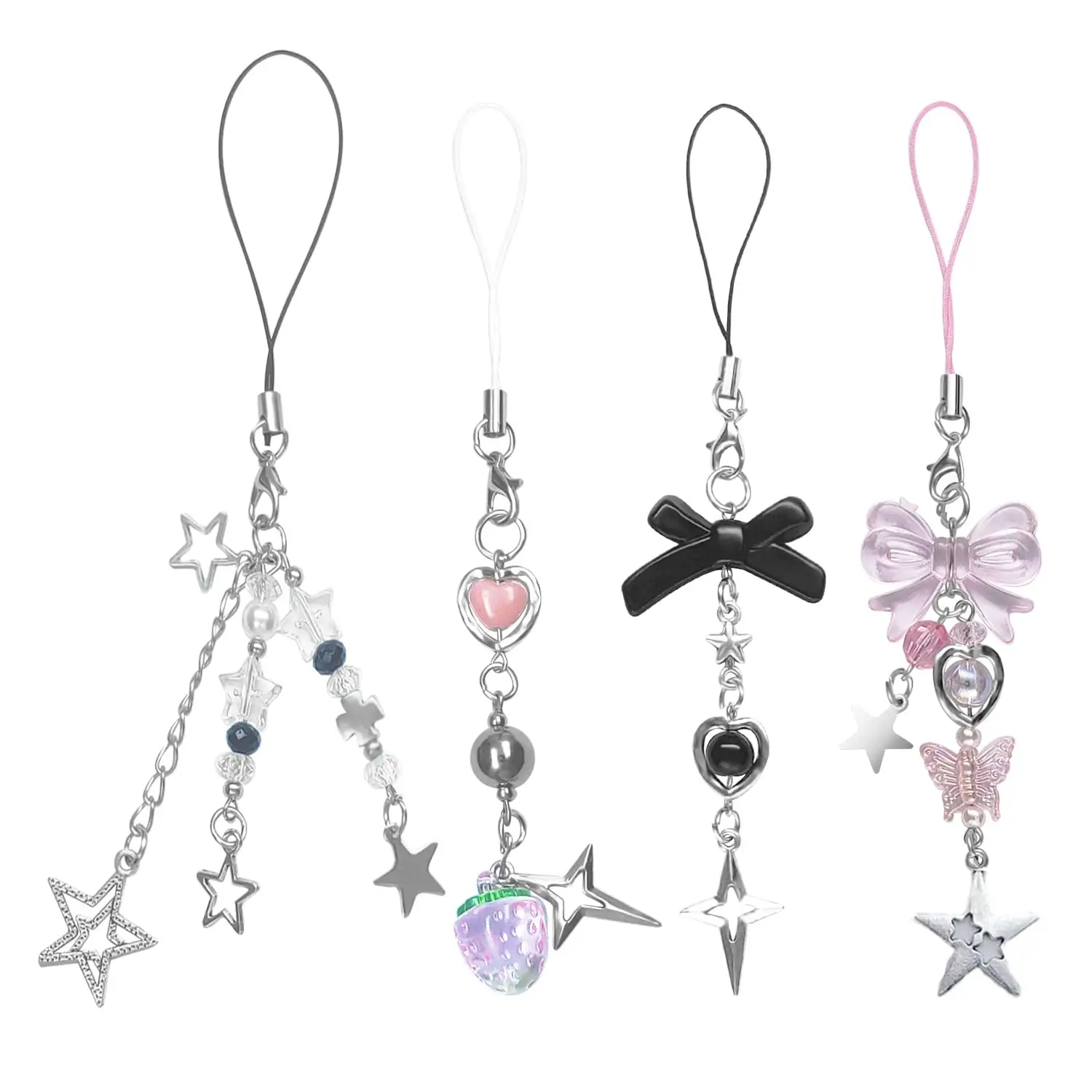 4PCS Aesthetic Y2K Cell Phone Charms Strap Pink Strawberry Butterfly Star Cute Phone Charms Hook for Mobile Phone