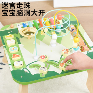 5 in 1 <strong>Multi</strong>-<strong>Functional</strong> Learning Activity <strong>Table</strong> Kids Montessori Educational Bead Maze Xylophone Wooden Toy for Children - Product Image 5