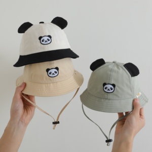 Chapéu de balde unisex infantil com panda bordado nova primavera estilo algodão sol chapéu desenhar corda para uso ao ar livre