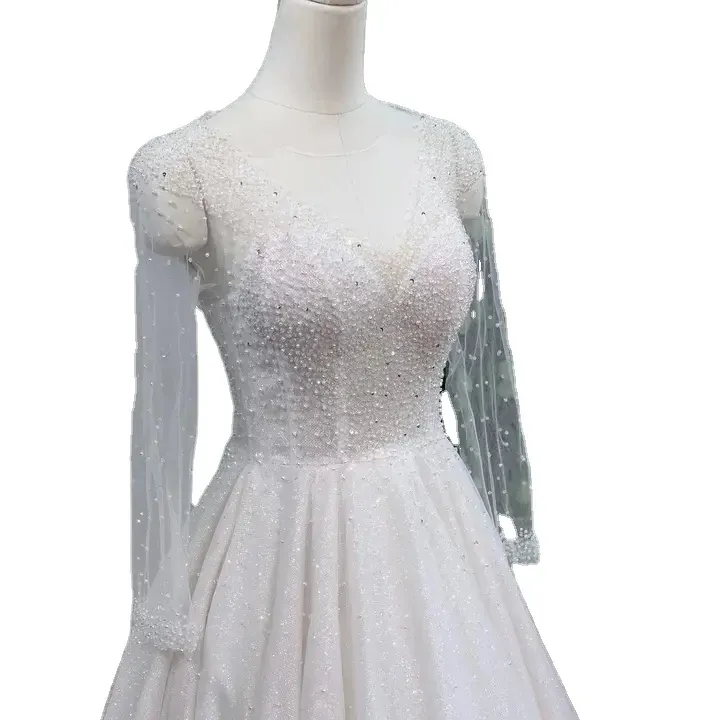 OEM fabbricazione bella sposa abito all'ingrosso di design a-line perline con perline di pizzo fatto a mano abito da sposa TNBPno41