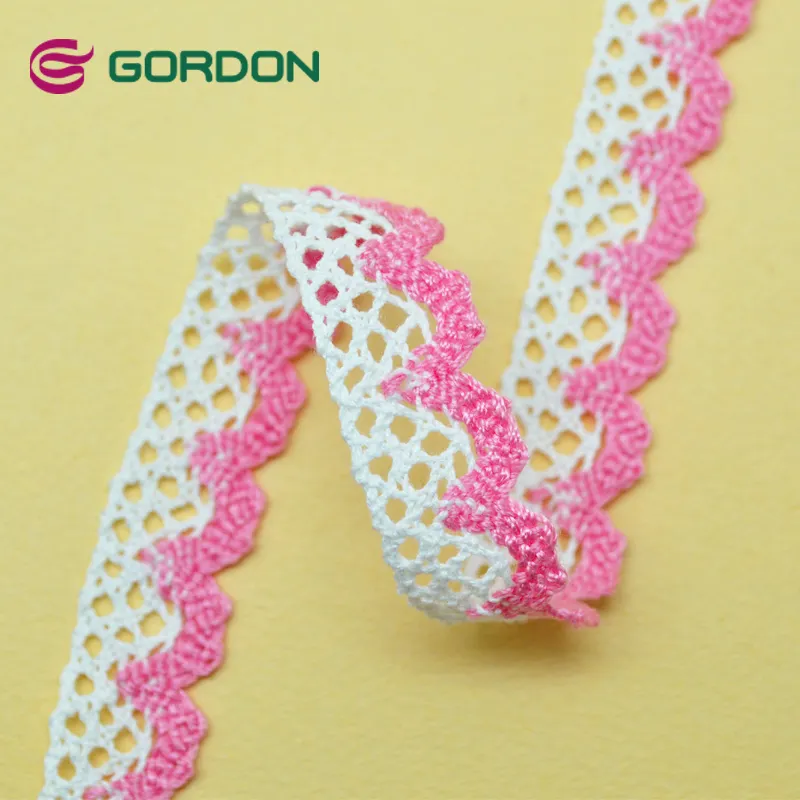 Fita de crochê de 2 cores com borda de algodão, ilhós de crochê com borda rosa, fita de algodão oca tricotada para decoração de roupas têxteis