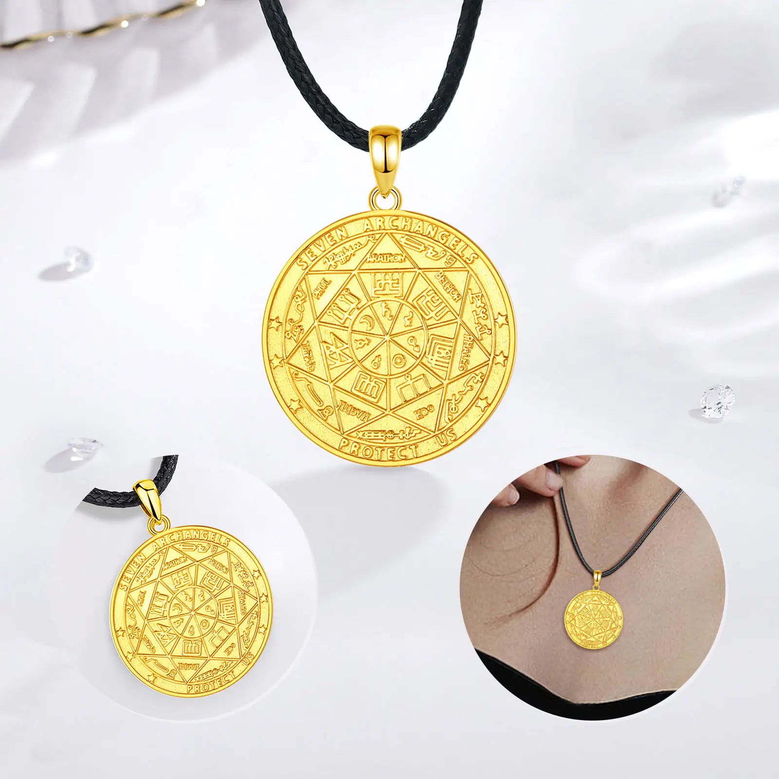 Merryshine sellos mágicos amuletos espiritual suerte 18K Moneda de Oro colgante joyería siete sellos de los Arcángeles collar