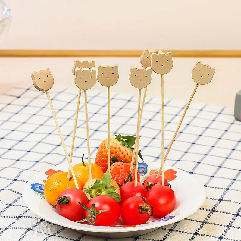 Custom Decorative Heart Floral Stick Twist Bamboo Food Finger Bar Pick Cake Fruit Skewer