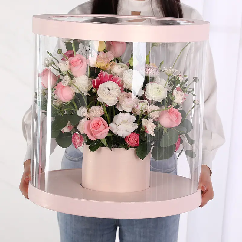 Caja de flores coreana redonda gigante, cubo con arreglo de flores, caja de papel de PVC transparente para ventana de regalo