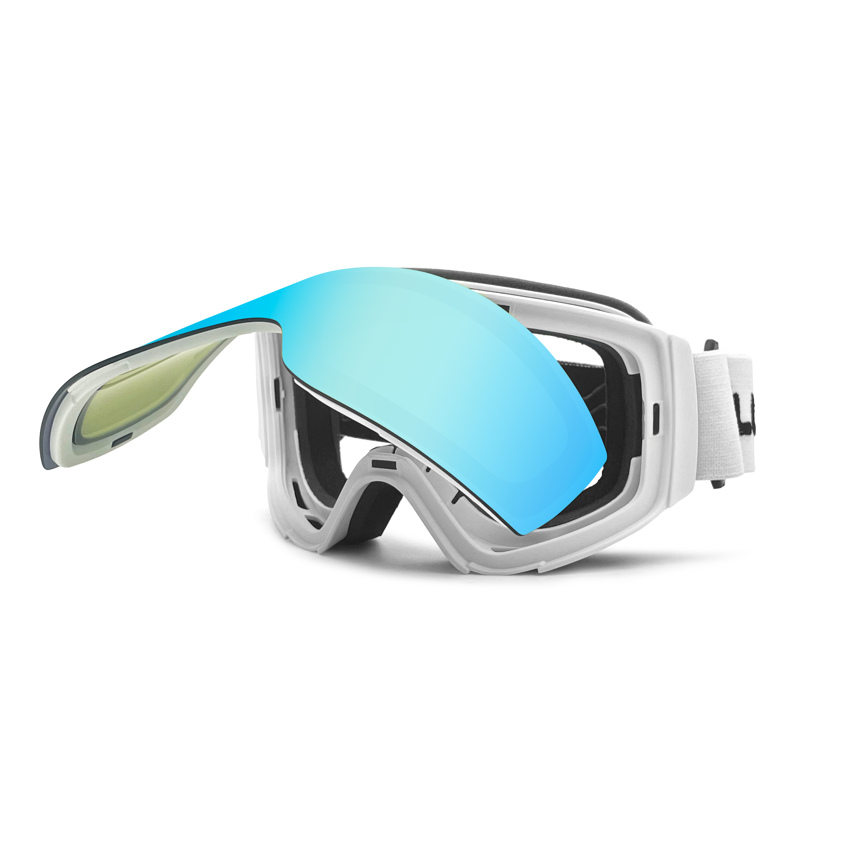 Monture blanche, verres bleu glacier