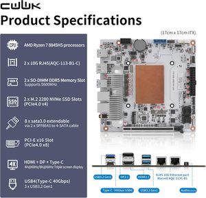 CWWK N7 8-Bay 2x 10GbE RJ45 LAN 2x NVMe PCIe4.0 USB4 40Gbps DDR5 NO RAM NO SSD NAS Mini PC <strong>Motherboard</strong> Ryzen 7 8845HS CPU - Product Image 3