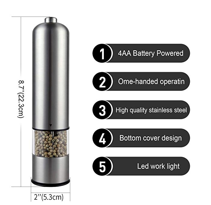 Amazon hot selling Electric Salt and Pepper Grinder Set battery Stainless Steel Salt Pepper Mill