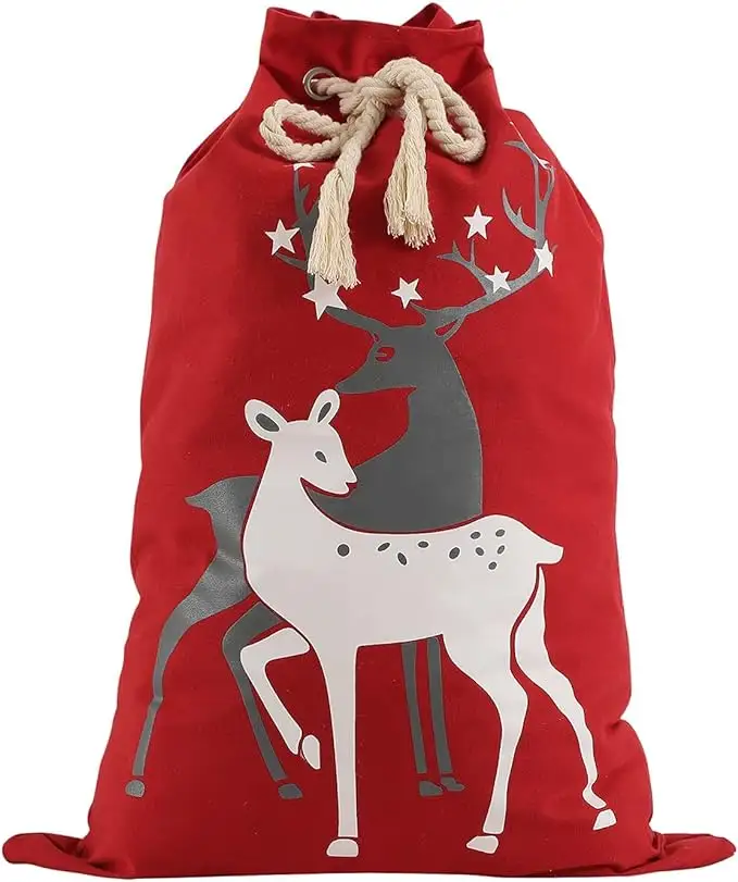 Christmas Gift Bag Santa Fabric Bags Eve Drawstring Xmas Sacks Deer Red And Gray Santa Sacks Large Toy Storage Packing Gift
