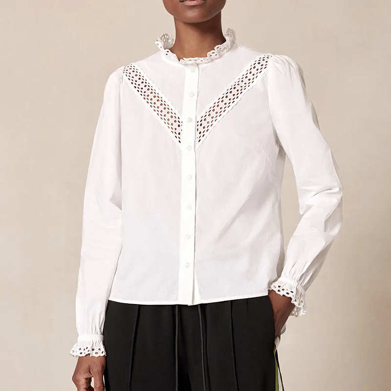 Blusa holgada informal de manga larga para mujer, Blusa de popelina suave color blanco 100% algodón