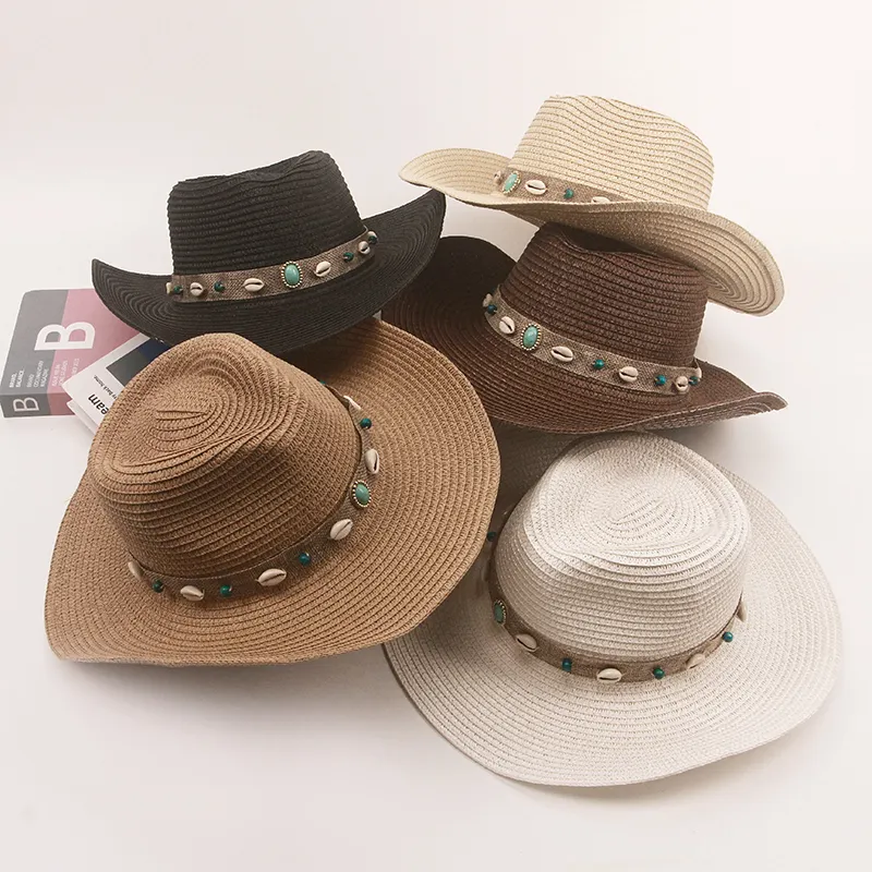 Fashion Shell Bands Female Custom Wide Brim Classical Colors Beach Cowboy Fedora Straw Hats for Male