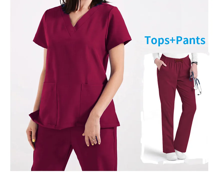 Atacado Spa Enfermagem Hospital Uniformes Conjuntos Impresso 4 Way Stretch Tops e Calças Unisex Medical Scrub Uniforme Para Mulheres Homens