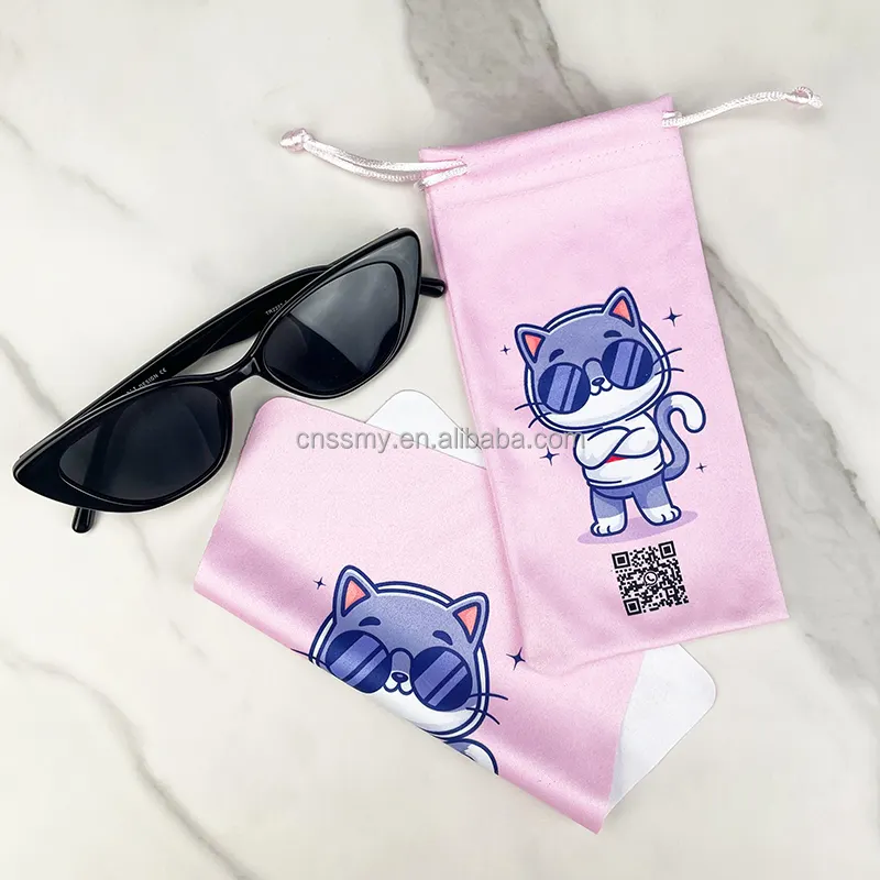 Reciclable impresión personalizada Logo suave gamuza cordón anteojos bolsas gafas de sol joyería gafas microfibra cordón bolsa y tela