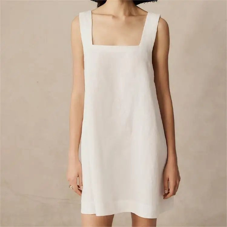 Individuelles niedriges MOQ günstig einfach Sommer Vierkantkragen Damen Fit-Kleider ärmellos solide weiße Freizeitleinen Baumwolle Minikleid Damen